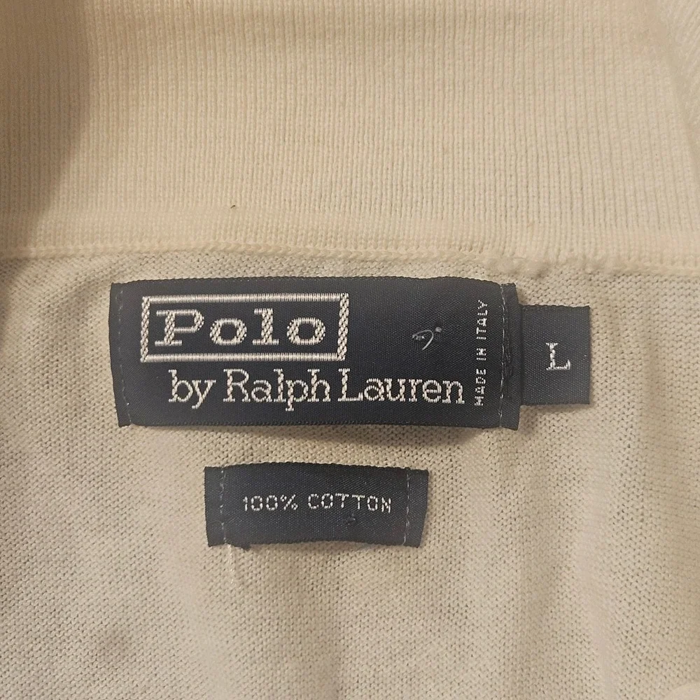 Polo Ralph Lauren Mens Cream Cotton Long Sleeve Polo Sweater Made in Italy Large